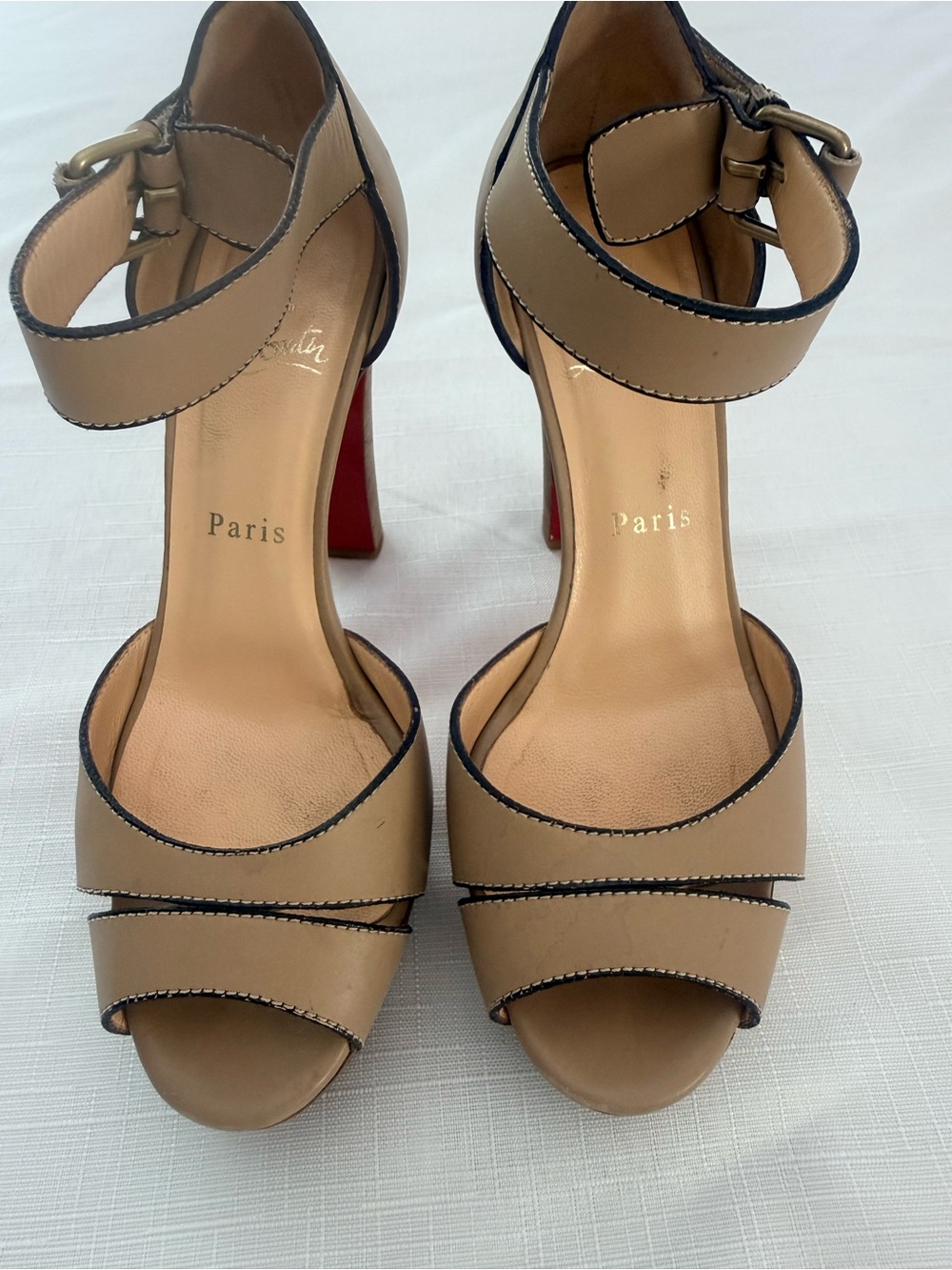 Christian Louboutin Platform Sandals 37.5 Beige Leather Ankle Strap Red Sole Hee